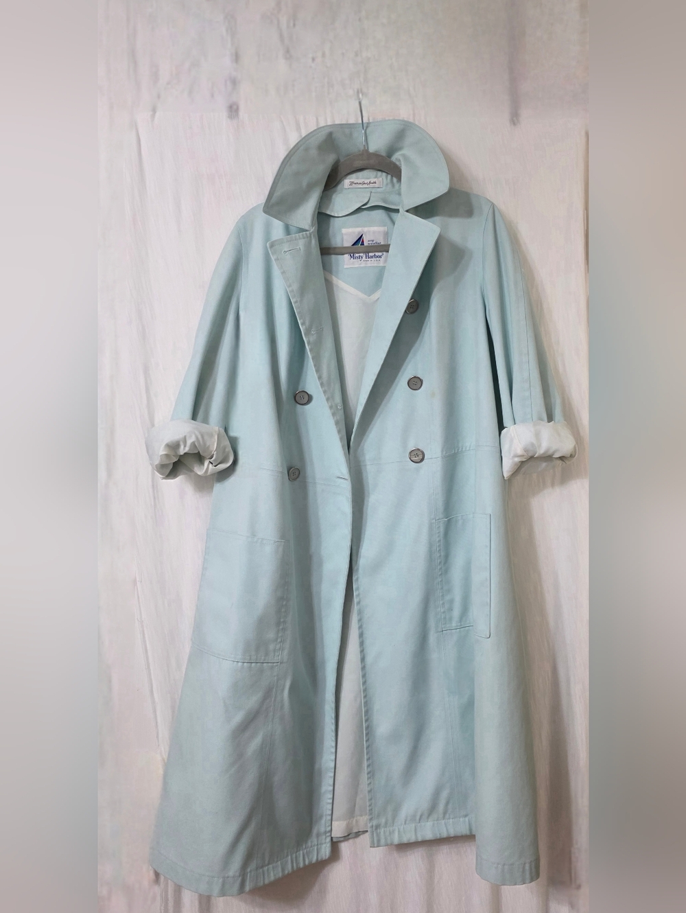 AQUA BLUE VINTAGE TRENCH COAT MISTY HARBOR LABEL "Wearing Good Health"